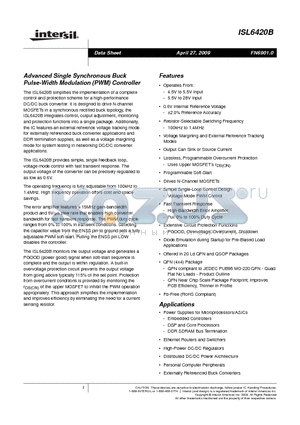 ISL6420B datasheet - Advanced Single Synchronous Buck Pulse-Width Modulation (PWM) Controller