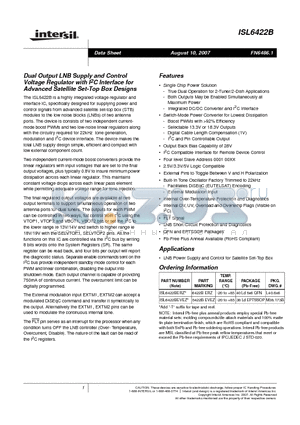 ISL6422BERZ datasheet - Dual Output LNB Supply and Control Voltage Regulator with I2C Interface for Advanced Satellite Set-Top Box Designs