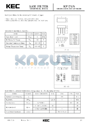 KF171 datasheet - SPECIFICATIONS FOR SAW FILTER(BAND PASS FILTERS FOR THE RECEIVING RF CIRCUITS OF PAGER)