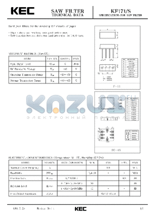 KF171S datasheet - SPECIFICATIONS FOR SAW FILTER(BAND PASS FILTERS FOR THE RECEIVING RF CIRCUITS OF PAGER)