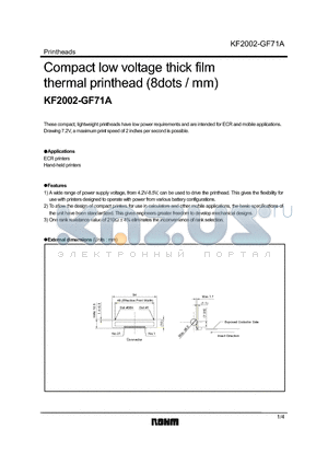 KF2002-GF71A datasheet - Compact low voltage thick film thermal printhead (8dots / mm)