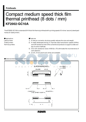 KF2002-GC10A datasheet - Compact medium speed thick film thermal printhead (8 dots / mm)