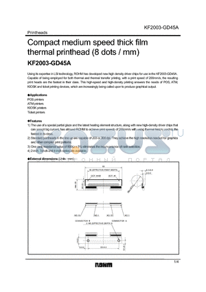 KF2003-GD45A datasheet - Compact medium speed thick film thermal printhead (8 dots / mm)