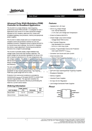ISL6431ACB datasheet - Advanced Pulse Width Modulation (PWM) Controller for Broadband Applications