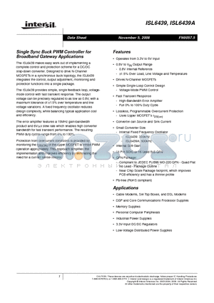 ISL6439AIRZ datasheet - Single Sync Buck PWM Controller for Broadband Gateway Applications