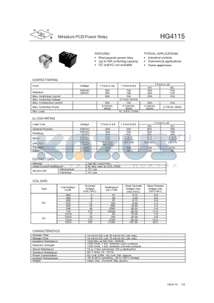 HG4115 datasheet - MINIATURE PCB POWER RELAY