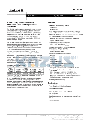 ISL6441 datasheet - 1.4MHz Dual, 180 Out-of-Phase, Step-Down PWM and Single Linear Controller