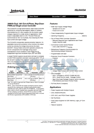 ISL6443AIRZ datasheet - 300kHz Dual, 180` Out-of-Phase, Step-Down PWM and Single Linear Controller