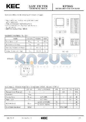 KF284S datasheet - SPECIFICATIONS FOR SAW FILTER(BAND PASS FILTERS FOR THE RECEIVING RF CIRCUITS OF PAGER)