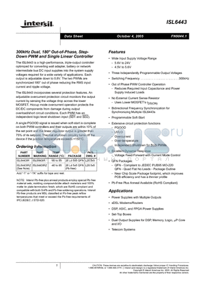 ISL6443IRZ-T datasheet - 300kHz Dual, 180 Degree Out-of-Phase, Step-Down PWM and Single Linear Controller