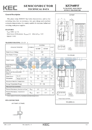 KF2N60P datasheet - N CHANNEL MOS FIELD EFFECT TRANSISTOR