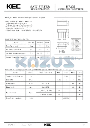 KF325 datasheet - SPECIFICATIONS FOR SAW FILTER(BAND PASS FILTERS FOR THE RECEIVING RF CIRCUITS OF PAGER)