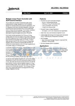 ISL6504ACBNZ-T datasheet - Multiple Linear Power Controller with ACPI Control Interface