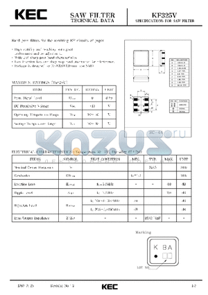 KF325V datasheet - SPECIFICATIONS FOR SAW FILTER(BAND PASS FILTERS FOR THE RECEIVING RF CIRCUITS OF PAGER)