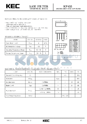 KF435 datasheet - SPECIFICATIONS FOR SAW FILTER(BAND PASS FILTERS FOR THE RECEIVING RF CIRCUITS OF TRANSCEIVER)