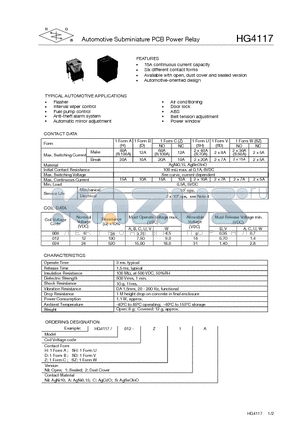 HG4117/012-D2C datasheet - AUTO MOTIVE SUBMINIATURE PCB POWER RELAY