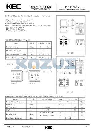 KF448S datasheet - SPECIFICATIONS FOR SAW FILTER(BAND PASS FILTERS FOR THE RECEIVING RF CIRCUITS OF TRANSCEIVER)