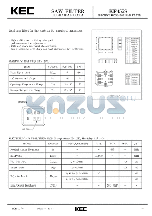 KF455S datasheet - SPECIFICATIONS FOR SAW FILTER(BAND PASS FILTERS FOR THE RECEIVING RF CIRCUITS OF TRANSCEIVER)