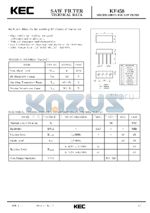 KF458V datasheet - SPECIFICATIONS FOR SAW FILTER(BAND PASS FILTERS FOR THE RECEIVING RF CIRCUITS OF TRANSCEIVER)