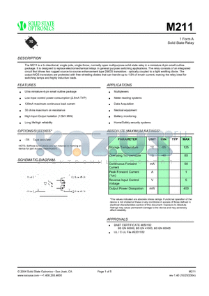 M211 datasheet - 1 Form A Solid State Relay