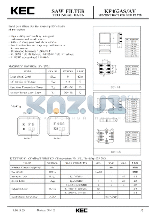 KF465AS datasheet - SPECIFICATIONS FOR SAW FILTER(BAND PASS FILTERS FOR THE RECEIVING RF CIRCUITS OF TRANSCEIVER)