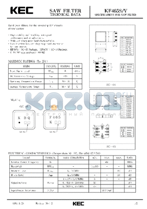 KF465V datasheet - SPECIFICATIONS FOR SAW FILTER(BAND PASS FILTERS FOR THE RECEIVING RF CIRCUITS OF TRANSCEIVER)