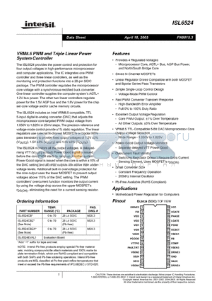 ISL6524CBZ datasheet - VRM8.5 PWM and Triple Linear Power System Controller