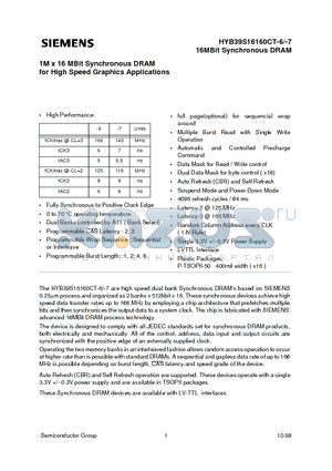HYB39S16160CT-7 datasheet - 1M x 16 MBit Synchronous DRAM for High Speed Graphics Applications