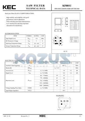 KF881U datasheet - SPECIFICATIONS FOR SAW FILTER(BAND PASS FILTERS FOR TX OF AMPS/TDMA/CDMA)
