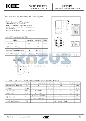 KF924V datasheet - SPECIFICATIONS FOR SAW FILTER(BAND PASS FILTERS FOR THE RECEIVING RF CIRCUITS OF PAGER)