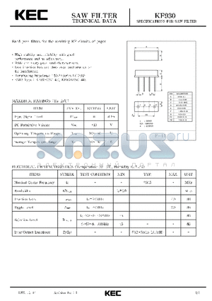 KF930 datasheet - SPECIFICATIONS FOR SAW FILTER(BAND PASS FILTERS FOR THE RECEIVING RF CIRCUITS OF PAGER)