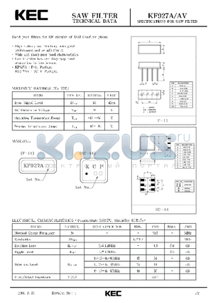 KF927A datasheet - SPECIFICATIONS FOR SAW FILTER(BAND PASS FILTERS FOR RF CIRCUITS OF ISM CORDLESS PHONE)