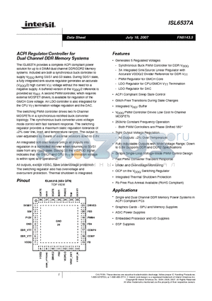 ISL6537ACRZA datasheet - ACPI Regulator/Controller for Dual Channel DDR Memory Systems