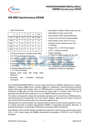 HYB39S256160DC-75 datasheet - 256 MBit Synchronous DRAM