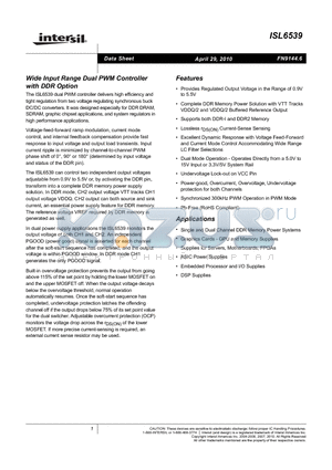 ISL6539CA datasheet - Wide Input Range Dual PWM Controller with DDR Option