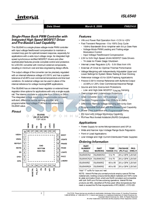 ISL6540CRZA datasheet - Single-Phase Buck PWM Controller with Integrated High Speed MOSFET Driver and Pre-Biased Load Capability