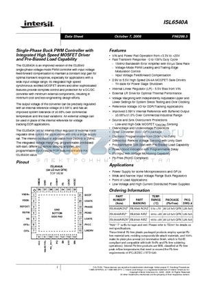ISL6540A datasheet - Single-Phase Buck PWM Controller with Integrated High Speed MOSFET Driver and Pre-Biased Load Capability