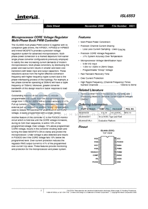 ISL6553 datasheet - Microprocessor CORE Voltage Regulator Multi-Phase Buck PWM Controller