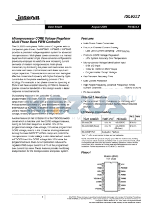 ISL6553 datasheet - Microprocessor CORE Voltage Regulator Multi-Phase Buck PWM Controller