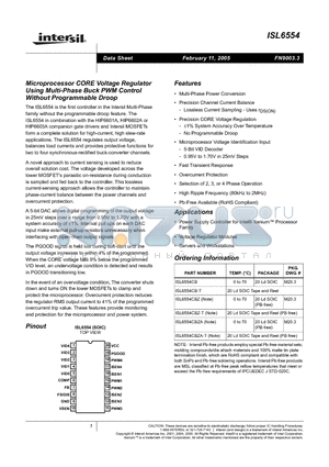 ISL6554 datasheet - Microprocessor CORE Voltage Regulator Using Multi-Phase Buck PWM Control Without Programmable Droop