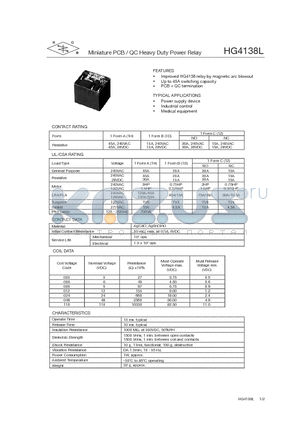 HG4138L datasheet - Miniature PCB / QC Heavy Duty Power Relay