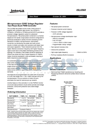 ISL6560 datasheet - Microprocessor CORE Voltage Regulator Two-Phase Buck PWM Controller