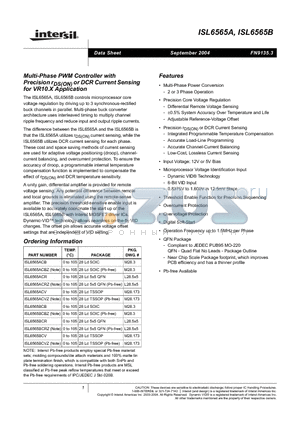 ISL6565BCRZ datasheet - Multi-Phase PWM Controller with Precision rDS(ON) or DCR Current Sensing for VR10.X Application