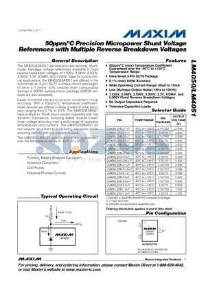 LM4050 datasheet - 50ppmC Precision Micropower Shunt Voltage References with Multiple Reverse Breakdown