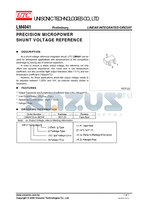 LM4041G-XX-AE3-R datasheet - PRECISION MICROPOWER SHUNT VOLTAGE REFERENCE