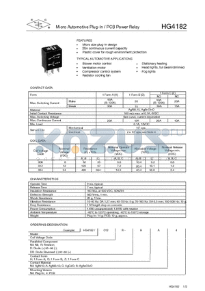 HG4182 datasheet - MICRO AUTOMOTIVE PLUG IN /PCB POWER RELAY