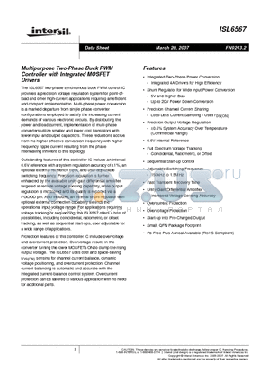 ISL6567CRZ-T datasheet - Multipurpose Two-Phase Buck PWM Controller with Integrated MOSFET Drivers