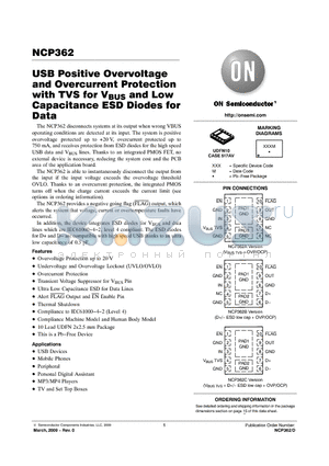 NCP362 datasheet - USB Positive Overvoltage and Overcurrent Protection with TVS for VBUS and Low Capacitance ESD Diodes for Data