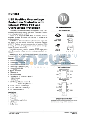 NCP361MUTBG datasheet - USB Positive Overvoltage Protection Controller with Internal PMOS FET and Overcurrent Protection