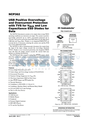 NCP362CMUTBG datasheet - USB Positive Overvoltage and Overcurrent Protection with TVS for VBUS and Low Capacitance ESD Diodes for Data